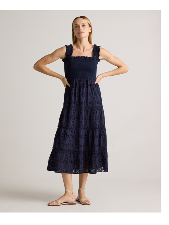 Quince Dresses & Skirts - Quince Navy Smocked Eyelet Tiered Midi Dress